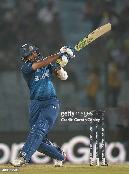Tillakaratne Dilshan of Sri Lanka hits out during the ICC World Twenty20 Bangladesh 2014 Group 1 match between England and Sri Lanka at Zahur Ahmed...