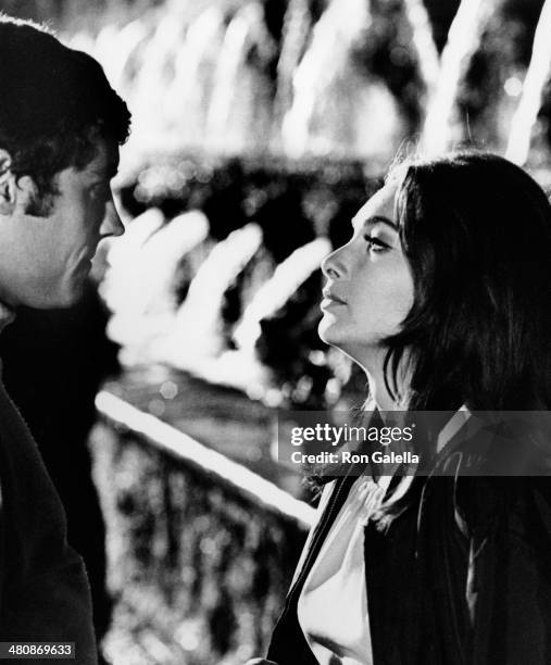 Ian McShane and Suzanne Pleshette sighted on location filming "If It's Tuesday, This Must Be Belgium" on September 3, 1968 at Villa d'Este in Tivoli,...