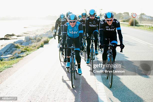 Peter Kennaugh and Ben Swift of Team SKY lead the group on a training ride on February 4, 2014 in Palma de Mallorca, Spain.