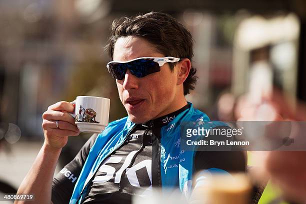 Peter Kennaugh of Team SKY looks on during a cafe stop on February 4, 2014 in Palma de Mallorca, Spain.