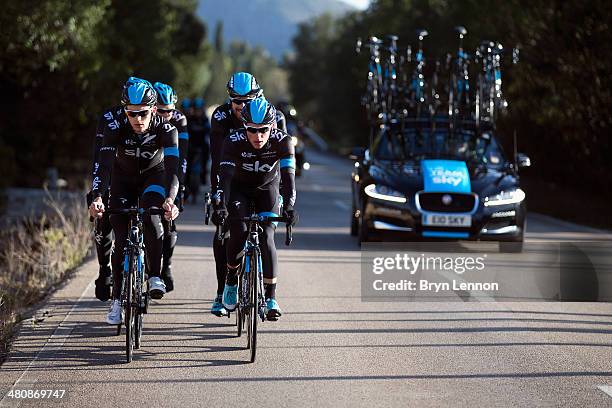 Ben Swift and Peter Kennaugh of Team SKY lead the group during a training ride on February 4, 2014 in Palma de Mallorca, Spain.