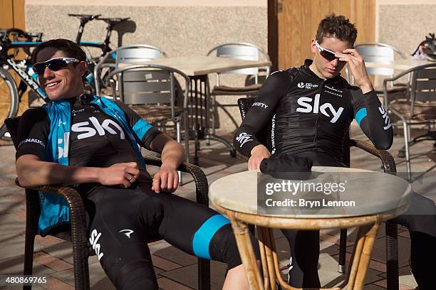 Peter Kennaugh and Ben Swift of Team SKY enjoy a cafe stop on February 4, 2014 in Palma de Mallorca, Spain.