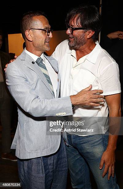 Steven Kolb poses with fashion designer Billy Reid backstage at Billy Reid - New York Fashion Week: Men's S/S 2016at Art Beam on July 15, 2015 in New...