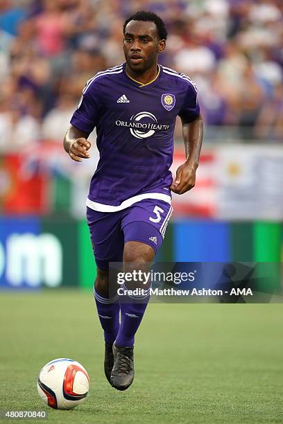 Amobi Okugo of Orlando City during the pre-season friendly between Orlando City and West Bromwich Albion at Orlando Citrus Bowl on July 15, 2015 in...