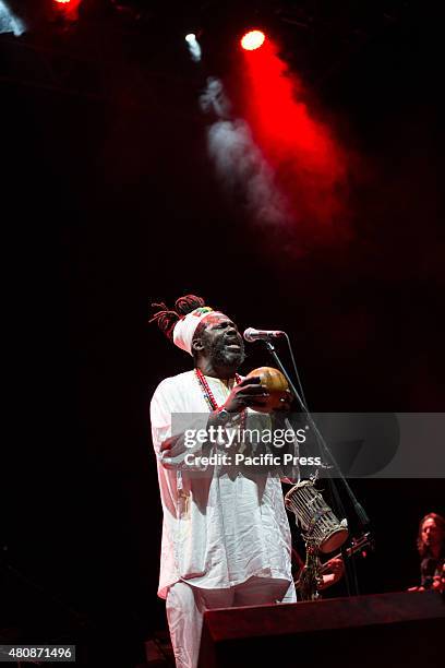 Baba Sissoko, African singer and musician, leader of African blues and ethno jazz, performs live on the stage at Villa Ada. His sounds and rhythms of...