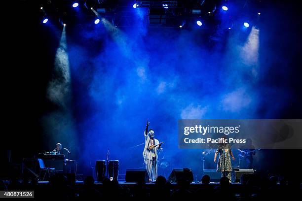 Baba Sissoko, African singer and musician, leader of African blues and ethno jazz, performs live on the stage at Villa Ada. His sounds and rhythms of...