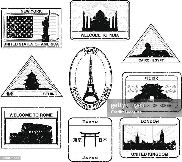 passport stamps - eiffel tower stamp stock illustrations