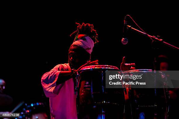 Baba Sissoko, African singer and musician, leader of African blues and ethno jazz, performs live on the stage at Villa Ada. His sounds and rhythms of...