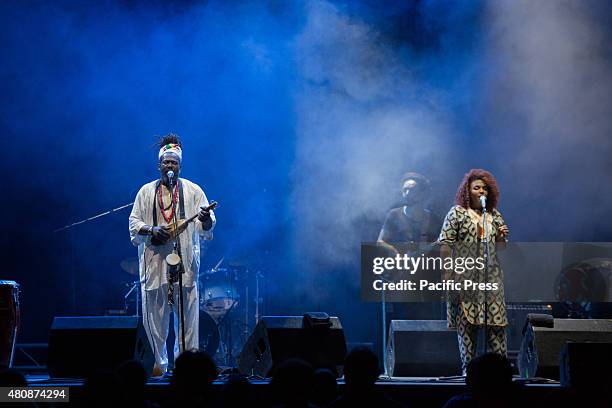 Baba Sissoko, African singer and musician, leader of African blues and ethno jazz, performs live on the stage at Villa Ada. His sounds and rhythms of...