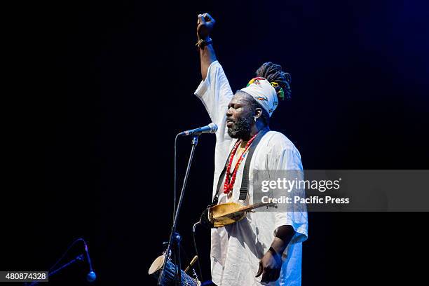 Baba Sissoko, African singer and musician, leader of African blues and ethno jazz, performs live on the stage at Villa Ada. His sounds and rhythms of...