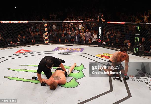 Frank Mir reacts after knocking out Todd Duffee in their heavyweight bout during the UFC event at the Valley View Casino Center on July 15, 2015 in...