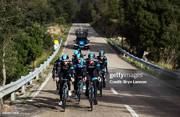 Ben Swift and Edvald Boasson Hagen of Team SKY lead the group during a training ride on February 4, 2014 in Palma de Mallorca, Spain.