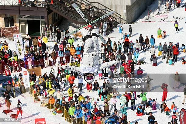 Junko Hoshino of Japan competes in the Women's Finals of the All Japan Freestyle Ski Championships at the Hakuba 47 Winter Sports Park on March 27,...