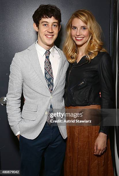 Actors Alex Sharp and Wallis Currie-Wood wearing clothing designed by Billy Reid pose backstage at Billy Reid - New York Fashion Week: Men's S/S...