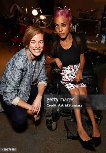 Models Elliott Sailors and Jillian Mercado pose backstage at Billy Reid - New York Fashion Week: Men's S/S 2016at Art Beam on July 15, 2015 in New...