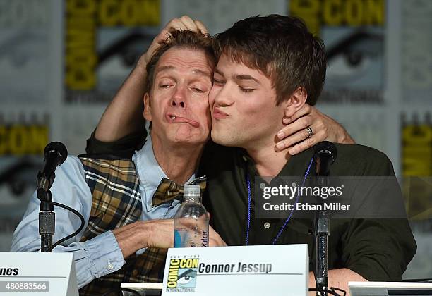 Actors Doug Jones and Connor Jessup joke around as they attend the "Falling Skies" The Final Farewell panel during Comic-Con International 2015 at...