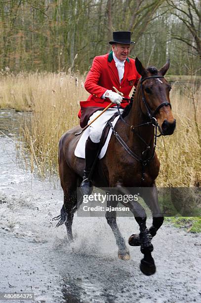 hunter's riding leurs chevaux sur un marais - chasse à courre photos et images de collection