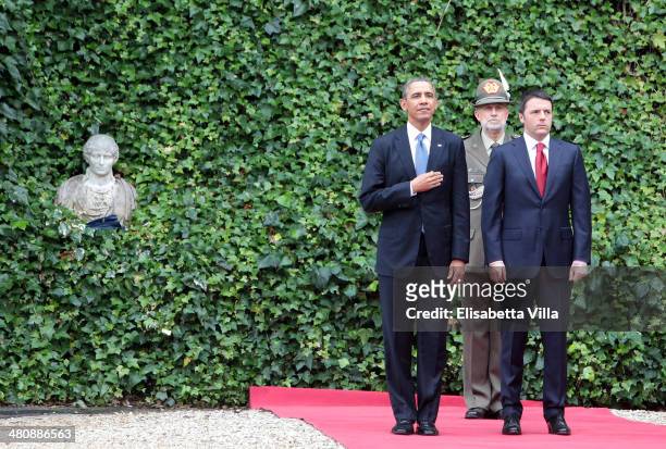 President Barack Obama stands with Italian Premier Matteo Renzi at Villa Madama on March 27, 2014 in Rome, Italy. The visit to Italy by President...