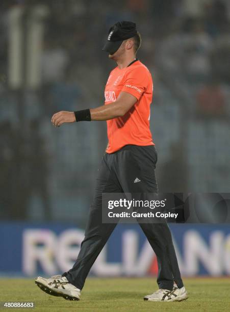 Tim Bresnan of England leaves the field after Sri Lanka's innings during the ICC World Twenty20 Bangladesh 2014 Group 1 match between England and Sri...