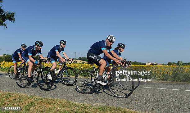 Lance Armstrong riding with Cure Leukaemia charity riders during stage thirteen of the One Day Ahead - Le Tour 2015 on July 16, 2015 in Rodez, France.