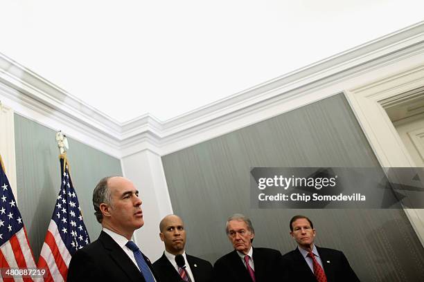 Sen. Robert Casey , Sen. Corey Booker , Sen. Edward Markey and Sen. Richard Blumenthal hold a news conference to highlight the benefits of raising...