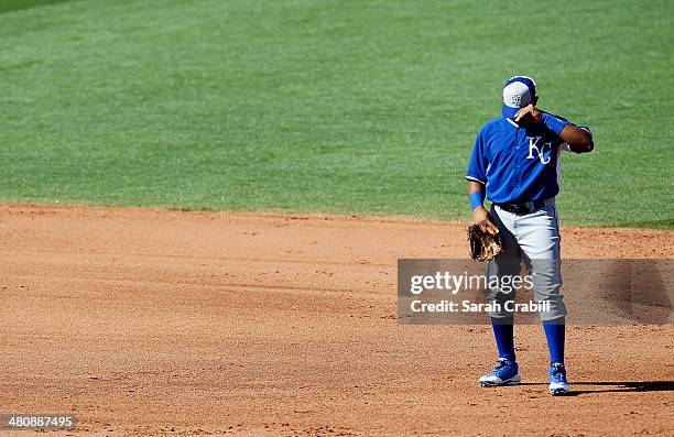 Angel Franco of the Kansas City Royals looks on during a game against the Cincinnati Reds at Goodyear Ballpark on March 21, 2014 in Goodyear, Arizona.