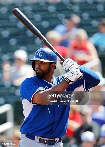 Carlos Peguero of the Kansas City Royals bats during a game against the Cincinnati Reds at Goodyear Ballpark on March 21, 2014 in Goodyear, Arizona.