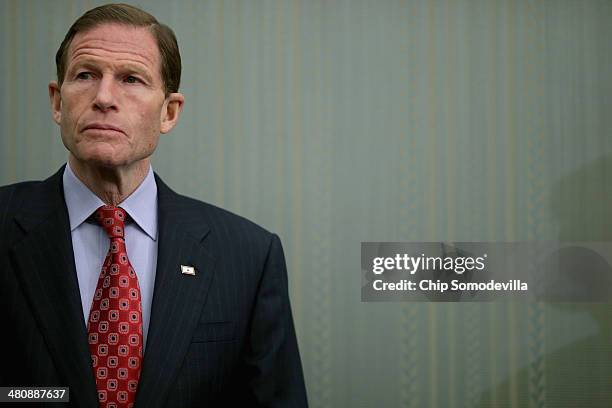 Sen. Richard Blumenthal participates in a news conference to highlight the benefits of raising the national minimum wage at the U.S. Capitol March...