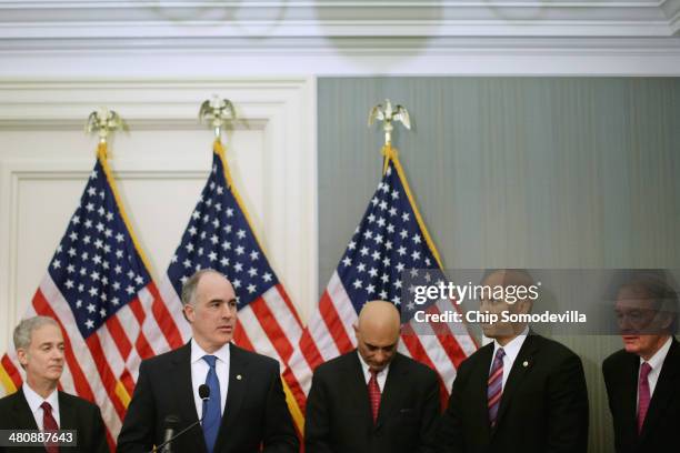 Spectronics Corporation President Jonathan Cooper, Sen. Robert Casey , Man and Machine CEO Clifton Broumand, Sen. Corey Booker and Sen. Edward Markey...