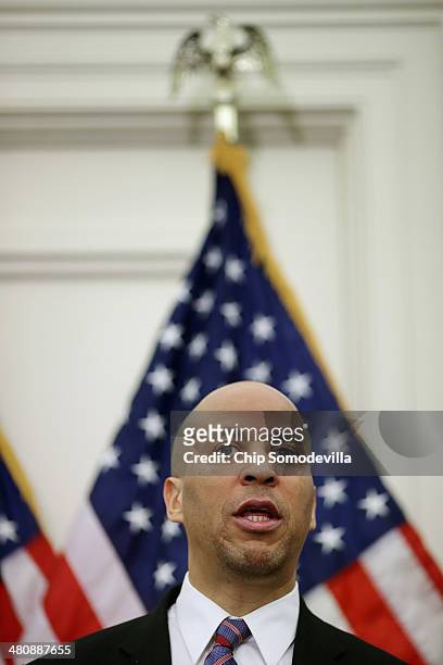 Sen. Corey Booker speaks during a news conference to highlight the benefits of raising the national minimum wage March 27, 2014 in Washington, DC....