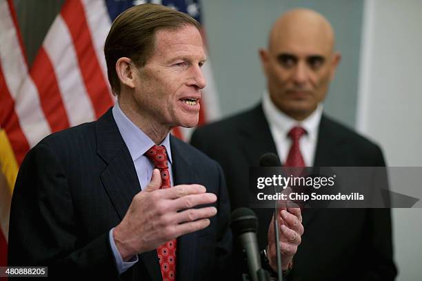 Sen. Richard Blumenthal speaks during a news conference with Man and Machine CEO Clifton Broumand highlighting the benefits of raising the national...