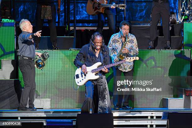 James Pankow and Walter Parazaider of Chicago perform with Verdine White of Earth, Wind & Fire at Concord Pavilion on July 15, 2015 in Concord,...