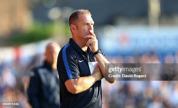 Russ Wilcox, the York City manager issues instructions during the pre season friendly match between York City and Leeds United at Bootham Crescent on...