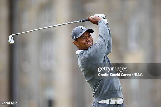 Tiger Woods of the United States hits his tee shot on the second hole during the first round of the 144th Open Championship at The Old Course on July...