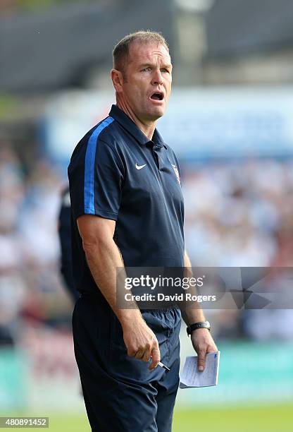 Russ Wilcox, the York City manager issues instructions during the pre season friendly match between York City and Leeds United at Bootham Crescent on...