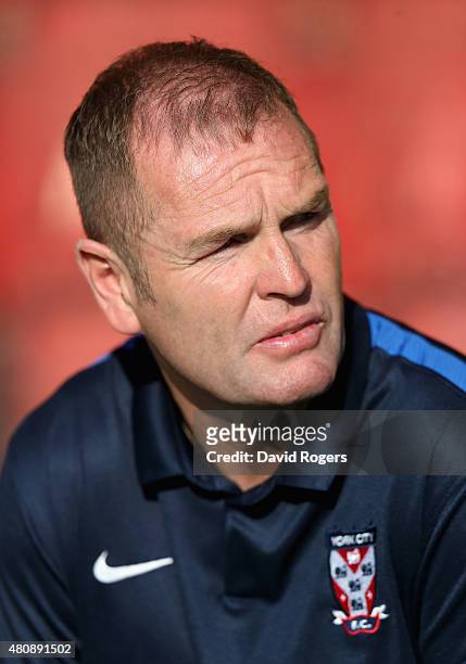 Russ Wilcox, the York City manager issues instructions during the pre season friendly match between York City and Leeds United at Bootham Crescent on...