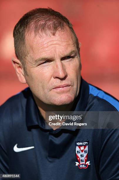 Russ Wilcox, the York City manager issues instructions during the pre season friendly match between York City and Leeds United at Bootham Crescent on...