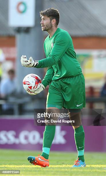 Scott Flinders of York City looks on during the pre season friendly match between York City and Leeds United at Bootham Crescent on July 15, 2015 in...