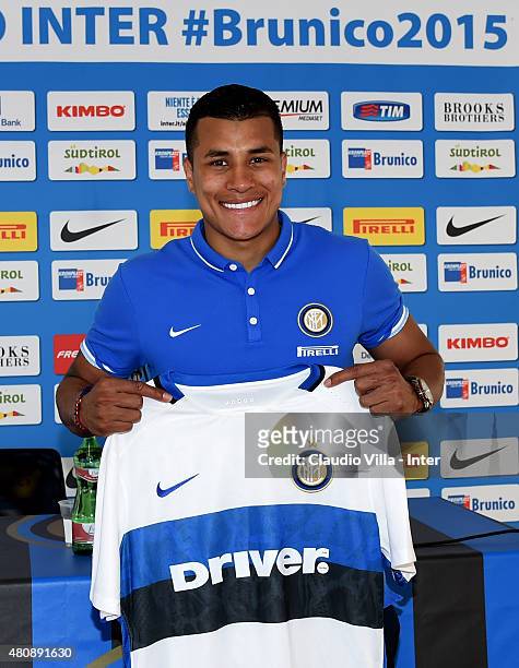 Internazionale's new signing Jeison Murillo poses for a photo during a press conference at Riscone di Brunico on July 16, 2015 in Bruneck, Italy.