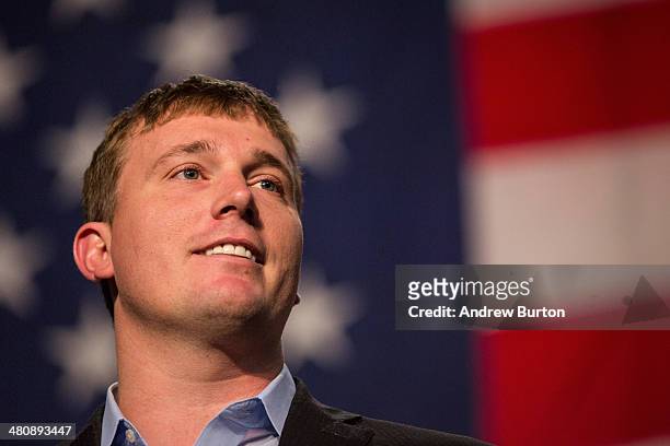 Medal of Honor recipient Sergeant Dakota Meyer, of the United States Marine Corps, speaks to veterans and employers at a 'Hiring our Heroes' Job Fair...