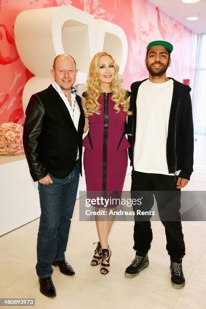 Basler creative director Brian Rennie; Elna-Margret zu Bentheim und Steinfurt and Noah Becker attend the Basler Fashion Lounge on March 27, 2014 in...