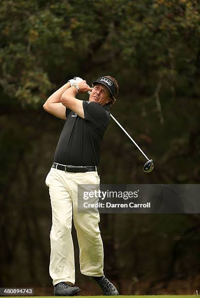 Phil Mickelson tees off on the 14th tee during Round One of the Valero Texas Open at the AT&T Oaks Course on March 27, 2014 in San Antonio, Texas.