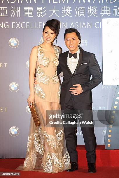 Donnie Yen and wife Cecilia Wang of Hong Kong attend the Asia Film Awards 2014 at the Grand Hyatt Hotel on March 27, 2014 in Macau, Macau.