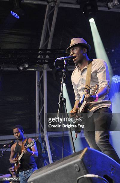 Oumar Toure and Aliou Toure of Songhoy Blues performs as part of The Summer Series at Somerset House on July 10, 2015 in London, United Kingdom.