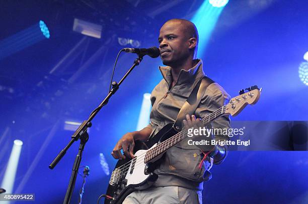 Garba Toure of Songhoy Blues perdorms as part of The Summer Series at Somerset House on July 10, 2015 in London, United Kingdom.
