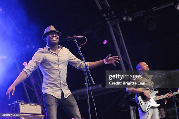 Aliou Toure and Oumar Toure of Songhoy Blues performs as part of The Summer Series at Somerset House on July 10, 2015 in London, United Kingdom.