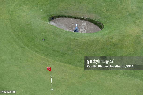 David Lingmerth of Sweden plays from the road hole bunker on the 17th hole during the first round of the 144th Open Championship at The Old Course on...