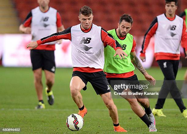 Joe Maguire looks to take on the defence during a Liverpool FC training session at Suncorp Stadium on July 16, 2015 in Brisbane, Australia.