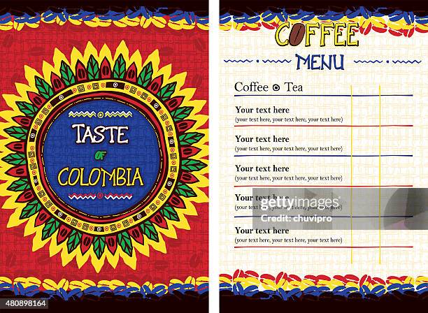 illustrazioni stock, clip art, cartoni animati e icone di tendenza di menu di ristorante, caffetteria, bar, caffetteria-assaggio della colombia - cultura colombiana