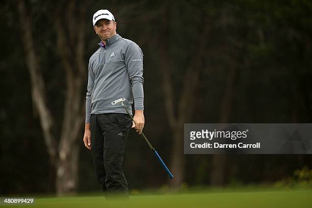 Martin Laird reacts to his putt on the 11th during Round One of the Valero Texas Open at the AT&T Oaks Course on March 27, 2014 in San Antonio, Texas.